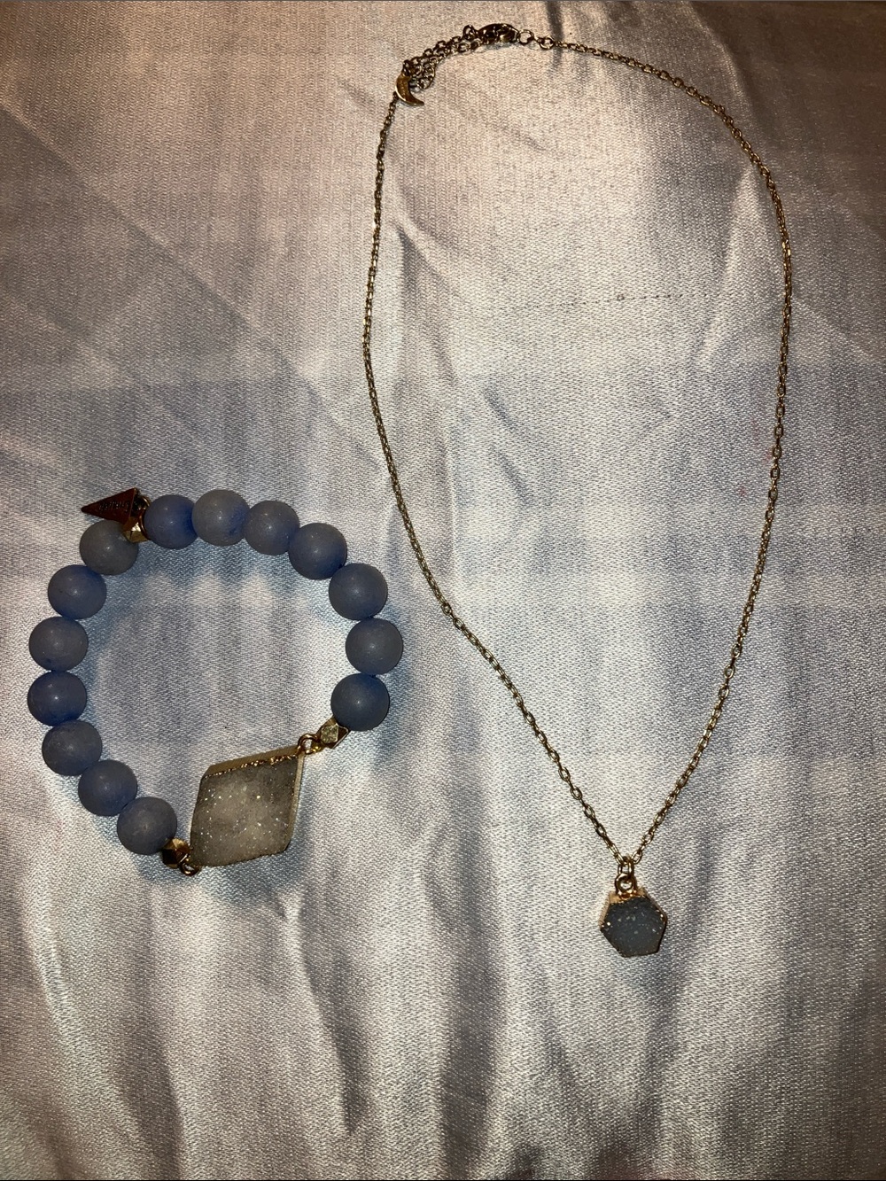 Blue Druzy Beaded Bracelet with Matching Pendant Necklace - Gold Accents